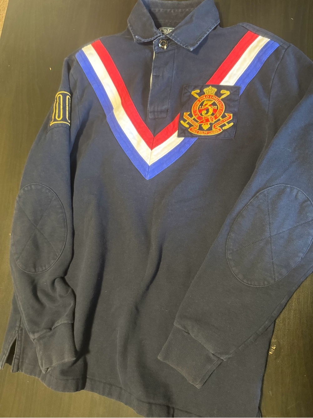 Polo by Ralph Lauren Navy Long Sleeve Polo with Red, White & Blue V-Stripes